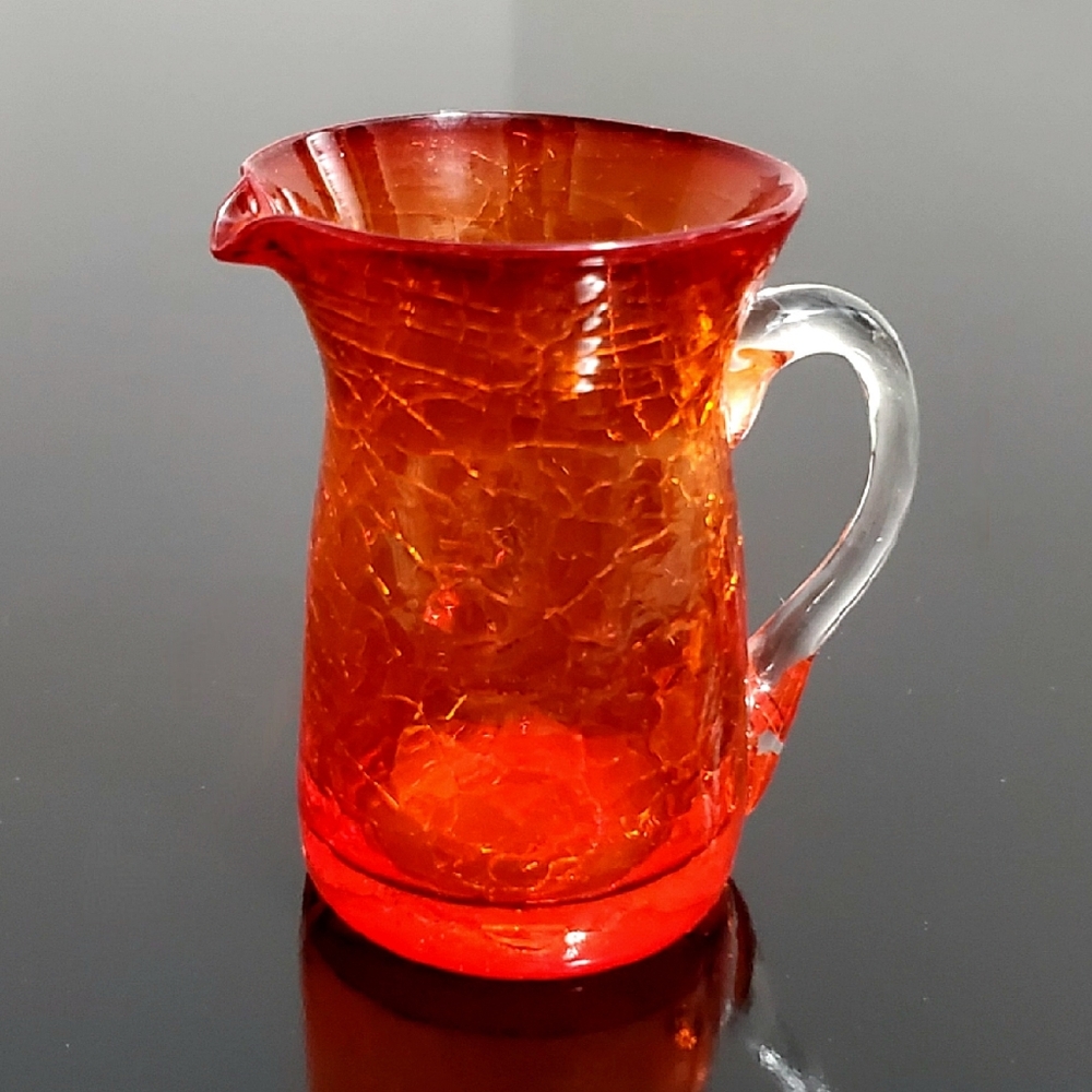 Vntg Amberina Crackle Tangerine Art Glass 3.5" Handcrafted Mouthblown Pitcher